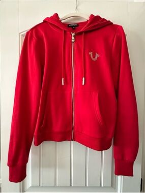 True Religion Bright Red Rhinestone Logo Zip Hoodie